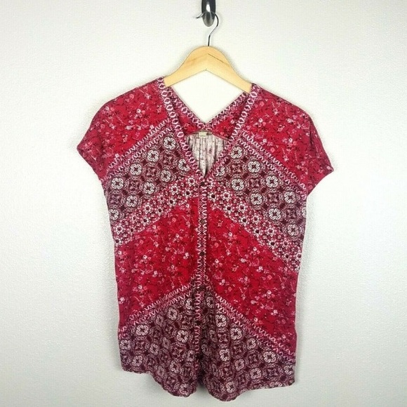 NWT Lucky Brand Bali Ditzy Colorful Red Paisley Printed Henley Short Sleeve Top - Picture 3 of 8